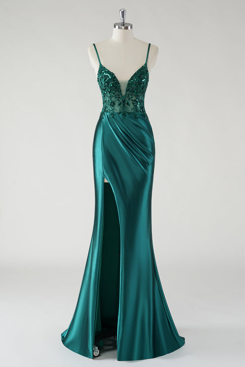 Load image into Gallery viewer, Sparkly Dark Green Spaghetti Straps Mermaid Prom Dress with Slit