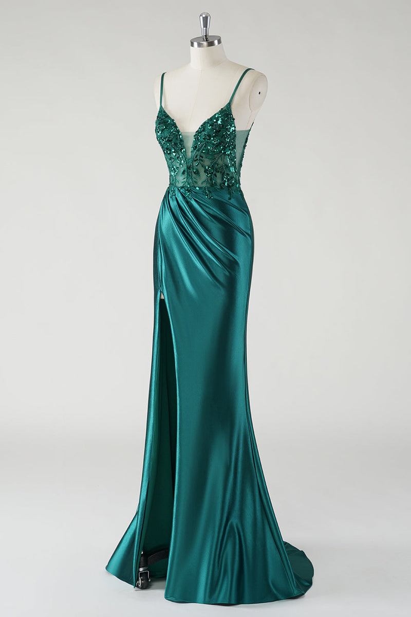 Load image into Gallery viewer, Sparkly Dark Green Spaghetti Straps Mermaid Prom Dress with Slit