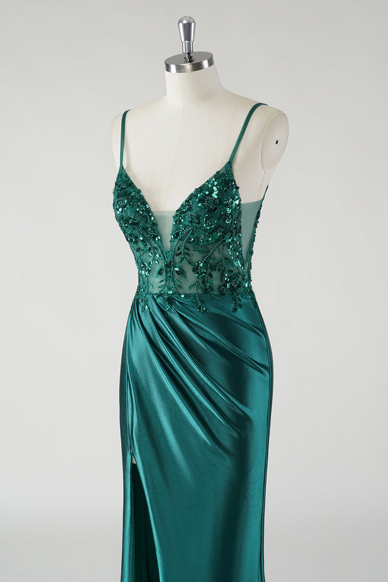 Load image into Gallery viewer, Sparkly Dark Green Spaghetti Straps Mermaid Prom Dress with Slit