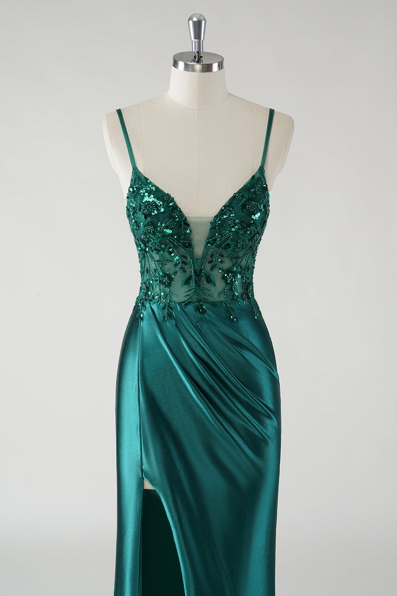 Load image into Gallery viewer, Sparkly Dark Green Spaghetti Straps Mermaid Prom Dress with Slit