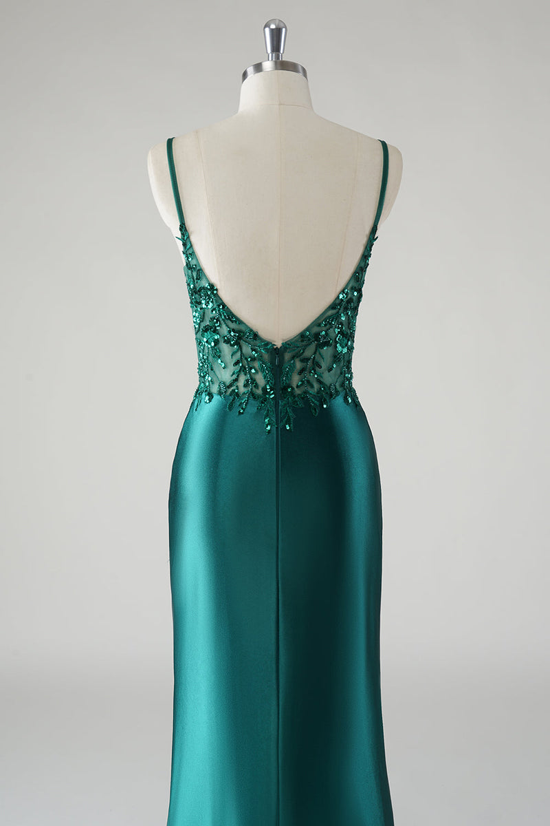 Load image into Gallery viewer, Sparkly Dark Green Spaghetti Straps Mermaid Prom Dress with Slit