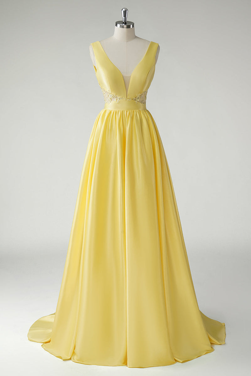 Load image into Gallery viewer, Yellow A Line Deep V-Neck Long Prom Dress