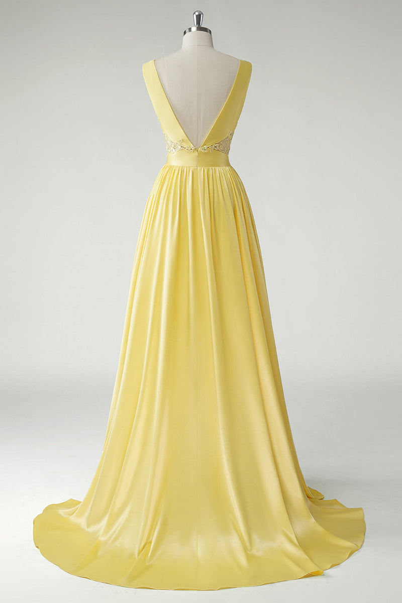 Load image into Gallery viewer, Yellow A Line Deep V-Neck Long Prom Dress