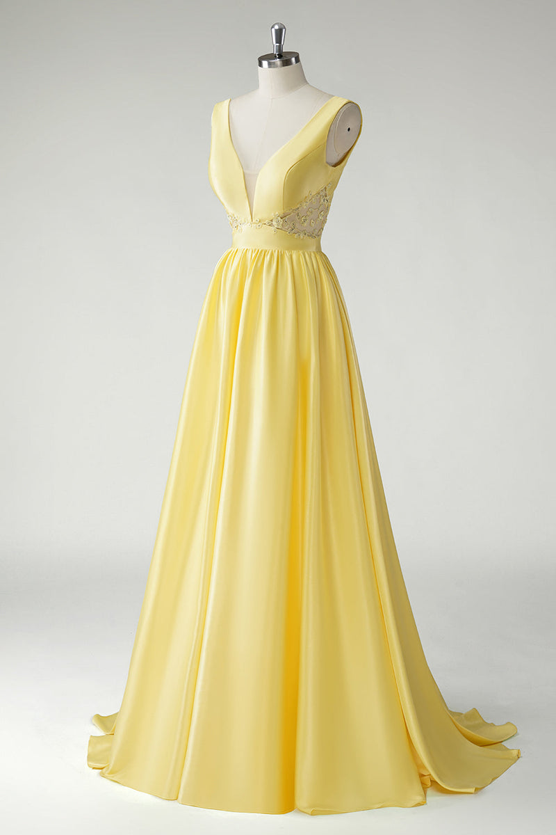 Load image into Gallery viewer, Yellow A Line Deep V-Neck Long Prom Dress