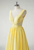 Load image into Gallery viewer, Yellow A Line Deep V-Neck Long Prom Dress