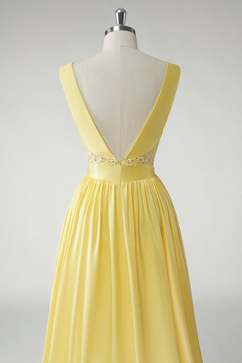 Load image into Gallery viewer, Yellow A Line Deep V-Neck Long Prom Dress