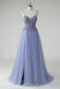 Load image into Gallery viewer, Sparkly Grey Blue A Line Tulle Prom Dress with Slit