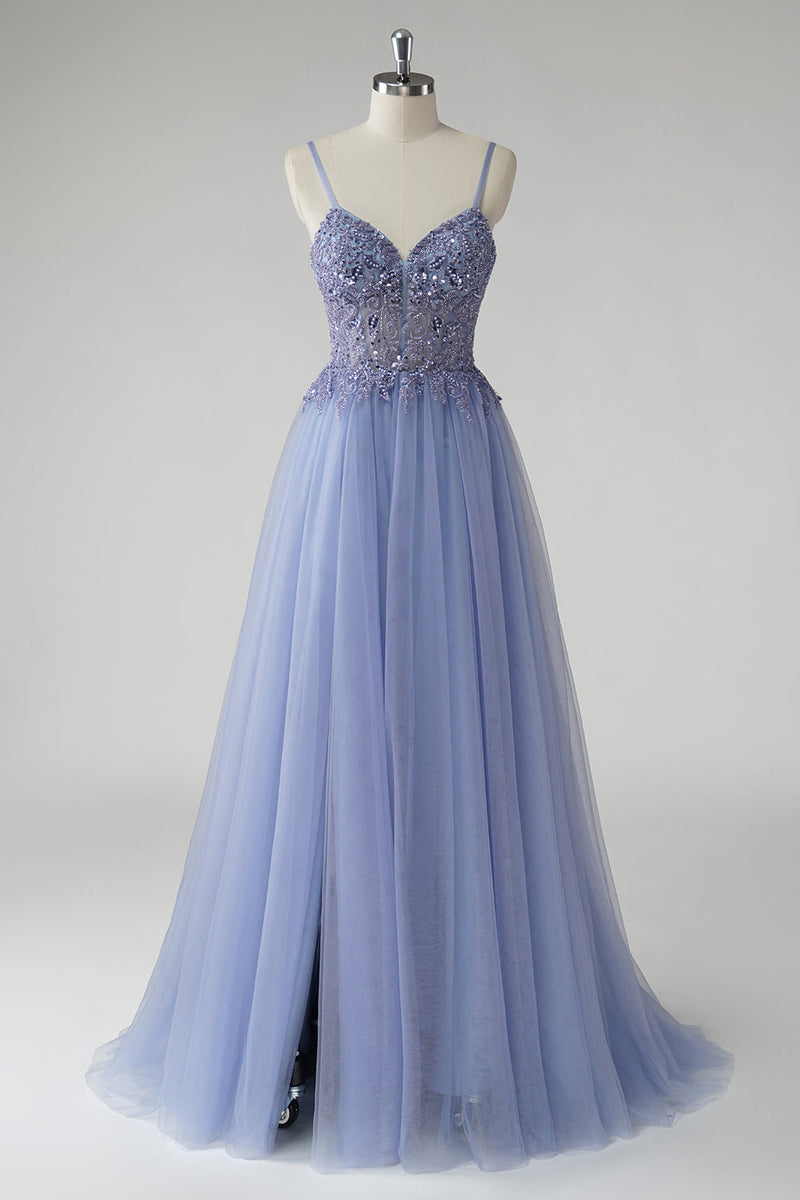 Load image into Gallery viewer, Sparkly Grey Blue A Line Tulle Prom Dress with Slit