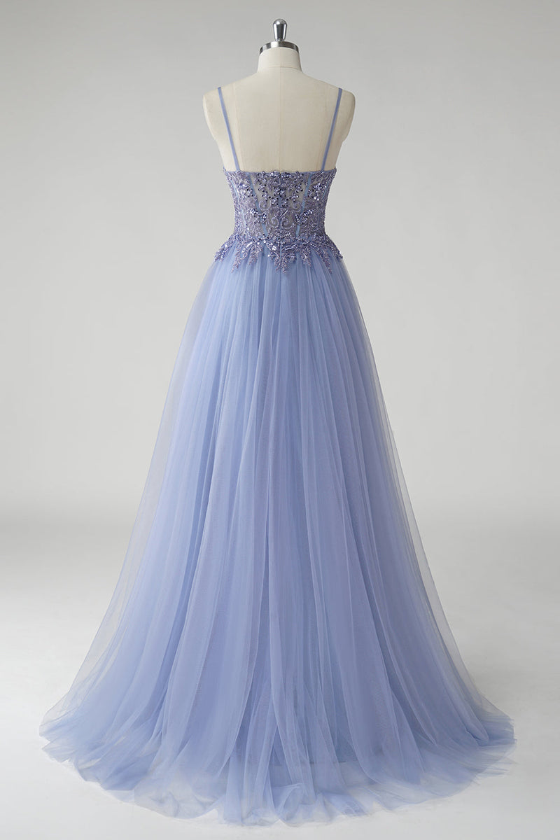 Load image into Gallery viewer, Sparkly Grey Blue A Line Tulle Prom Dress with Slit