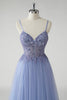 Load image into Gallery viewer, Sparkly Grey Blue A Line Tulle Prom Dress with Slit