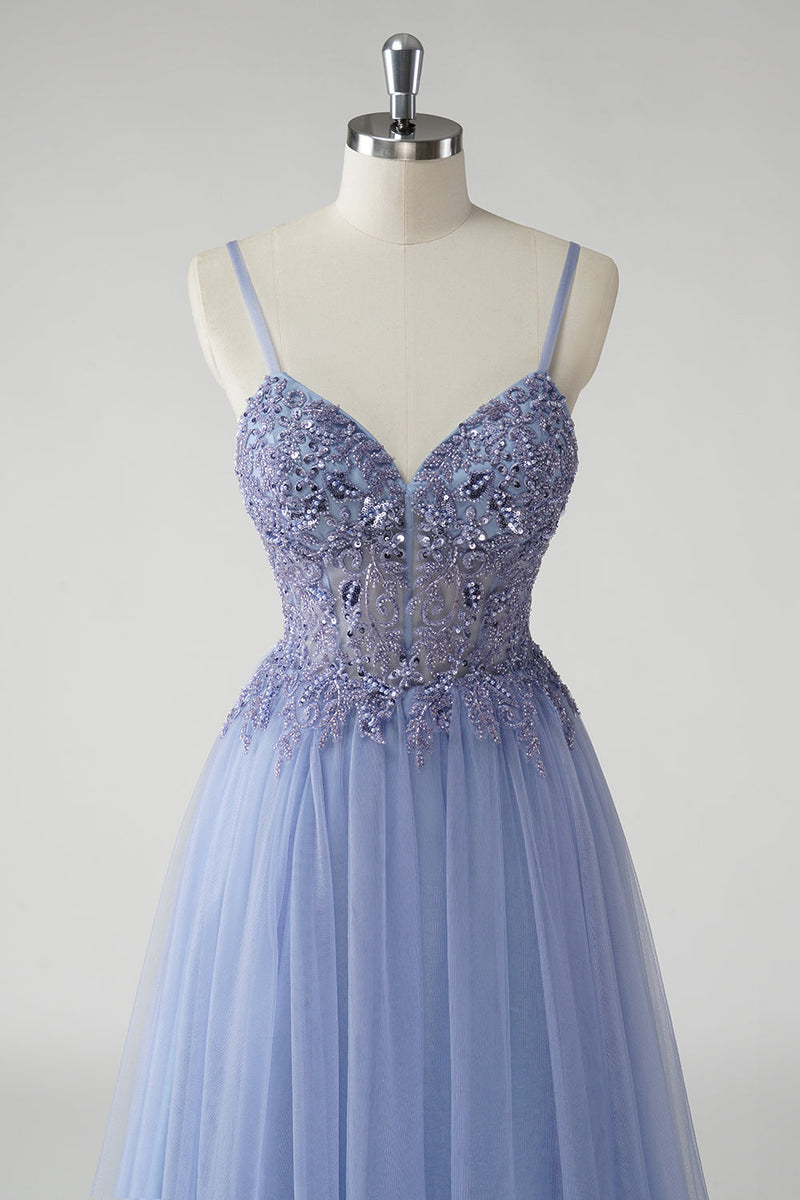 Load image into Gallery viewer, Sparkly Grey Blue A Line Tulle Prom Dress with Slit