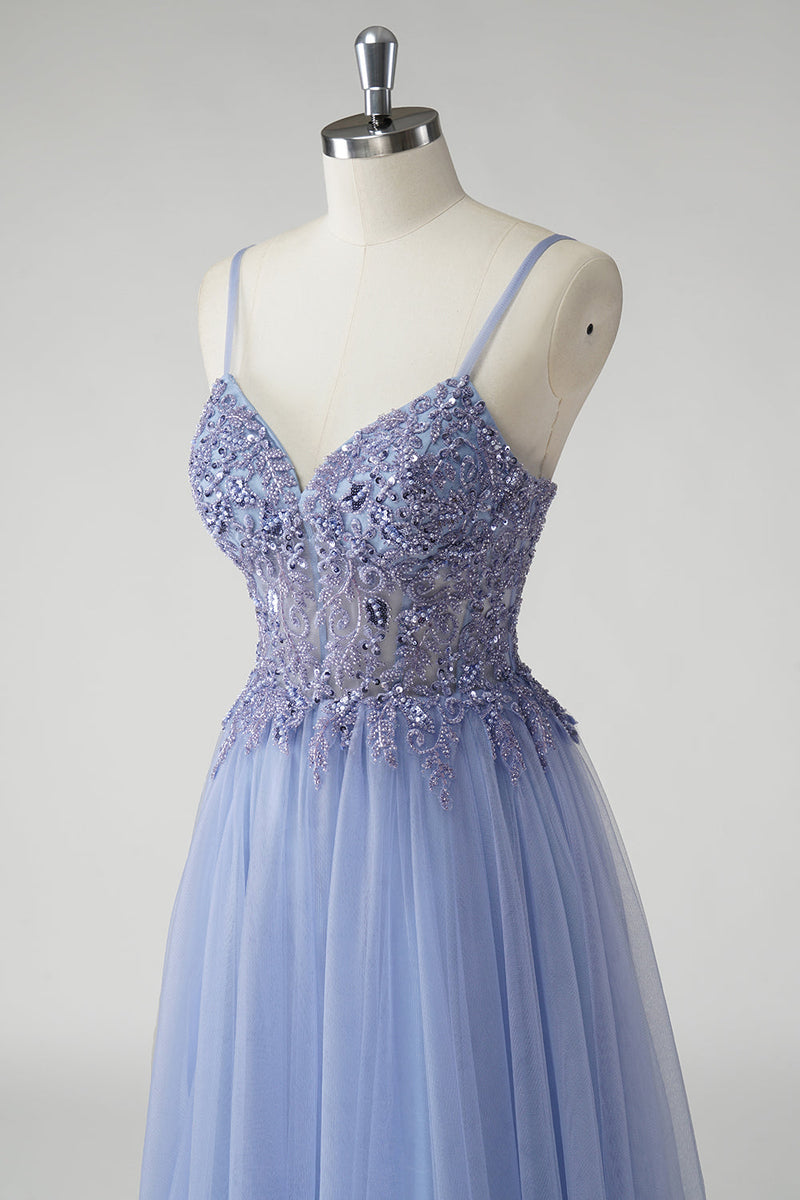 Load image into Gallery viewer, Sparkly Grey Blue A Line Tulle Prom Dress with Slit