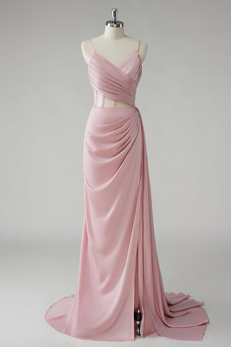 Blush Spaghetti Straps Corset Pleated Sheath Long Prom Dress