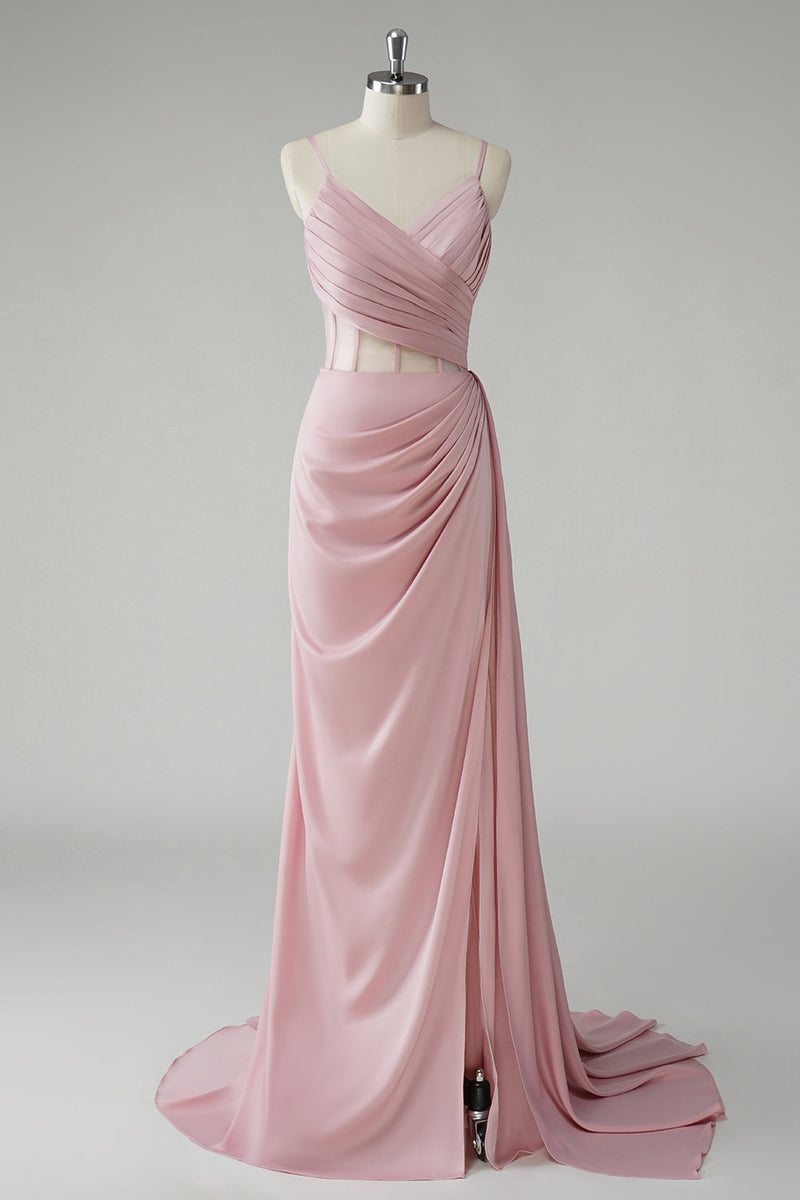 Load image into Gallery viewer, Blush Spaghetti Straps Corset Pleated Sheath Long Prom Dress