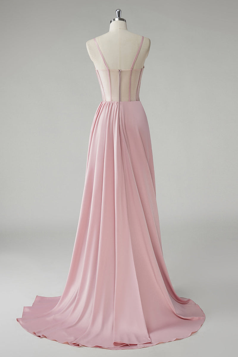 Load image into Gallery viewer, Blush Spaghetti Straps Corset Pleated Sheath Long Prom Dress