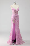 Lilac Strapless Coset Applique Mermaid Long Prom Dress with Slit
