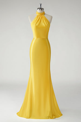 Yellow Mermaid Halter Satin Long Prom Dress