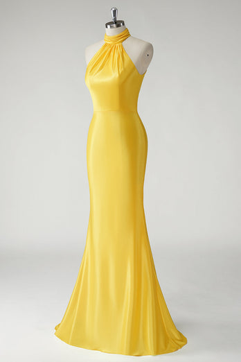 Yellow Mermaid Halter Satin Long Prom Dress