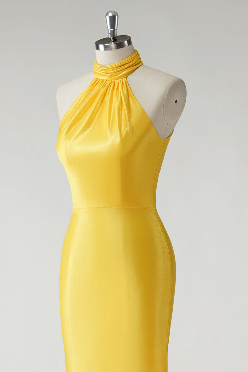 Load image into Gallery viewer, Yellow Mermaid Halter Satin Long Prom Dress