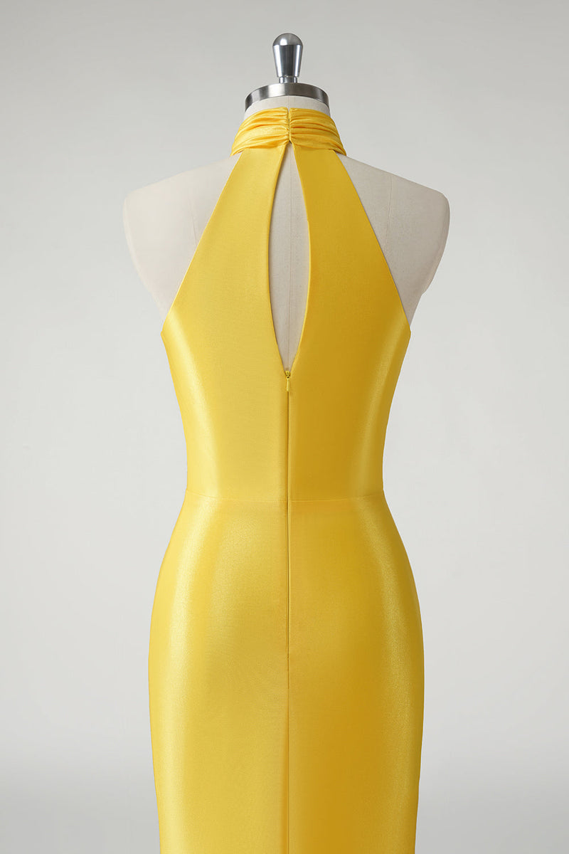 Load image into Gallery viewer, Yellow Mermaid Halter Satin Long Prom Dress