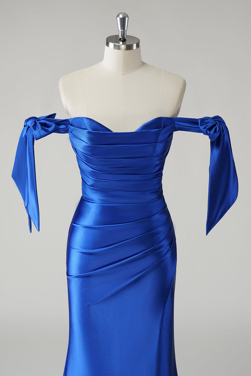 Load image into Gallery viewer, Royal Blue Mermaid Off the Shoulder Pleated Prom Dress