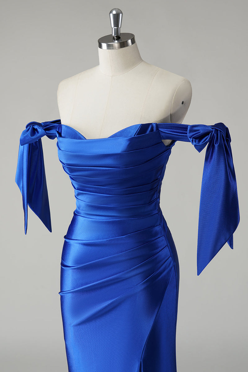 Load image into Gallery viewer, Royal Blue Mermaid Off the Shoulder Pleated Prom Dress