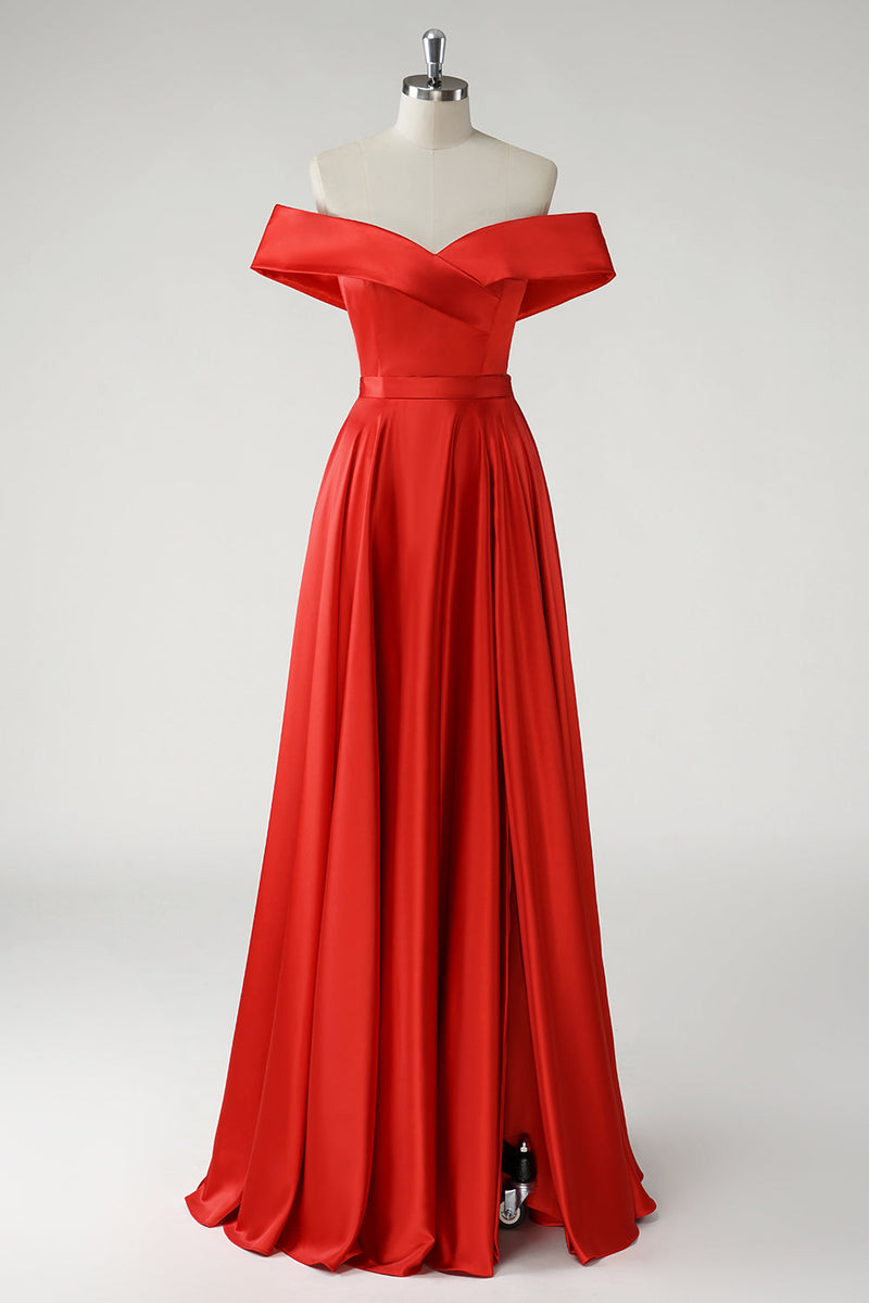 Load image into Gallery viewer, Red A Line Off the Shoulder Ruched Long Prom Dress