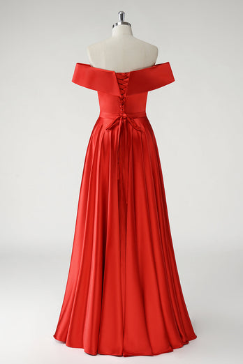 Red A Line Off the Shoulder Ruched Long Prom Dress