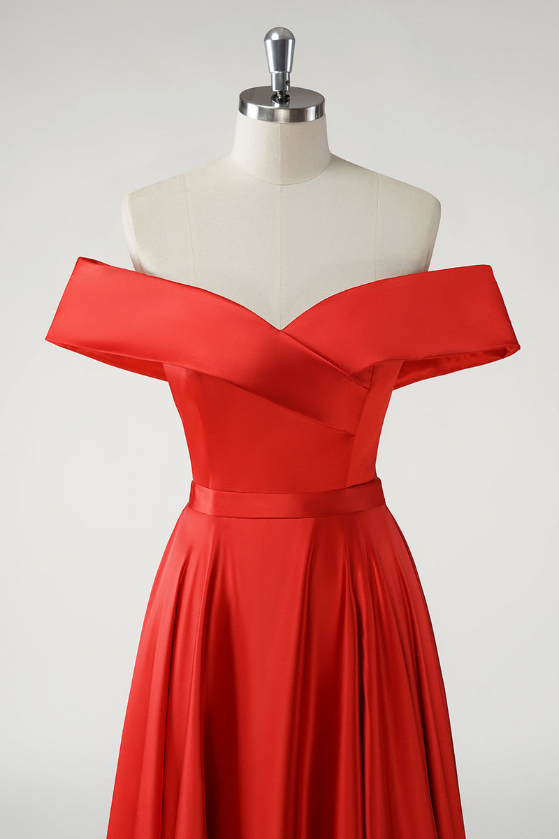 Load image into Gallery viewer, Red A Line Off the Shoulder Ruched Long Prom Dress