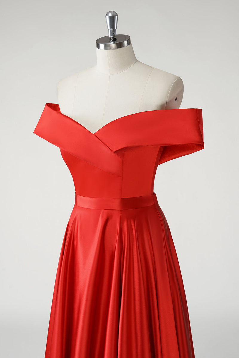 Load image into Gallery viewer, Red A Line Off the Shoulder Ruched Long Prom Dress