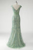 Load image into Gallery viewer, Green V-Neck Mermaid Appliques Sequins Cap Sleeves Prom Dress