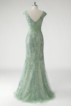 Green V-Neck Mermaid Appliques Sequins Cap Sleeves Prom Dress