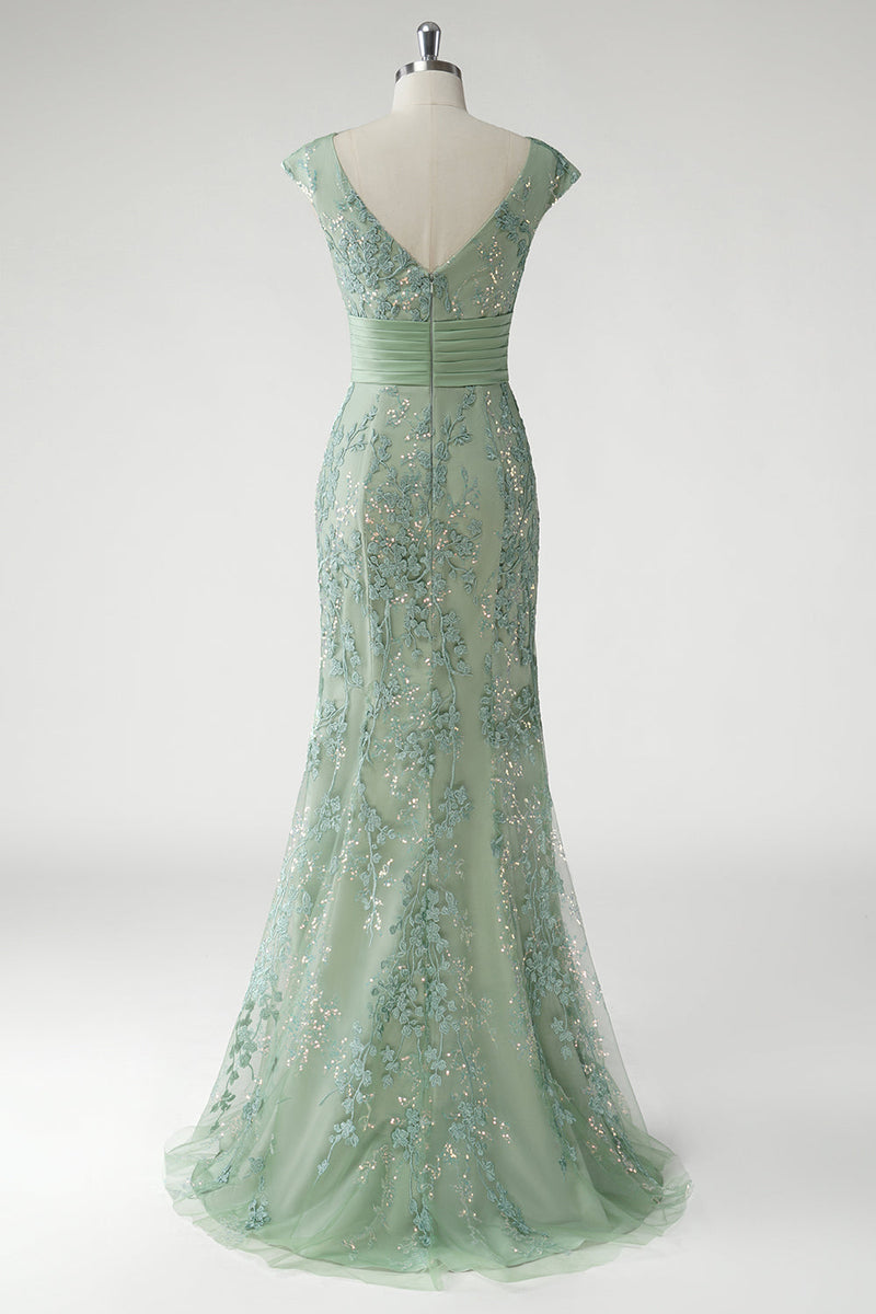 Load image into Gallery viewer, Green V-Neck Mermaid Appliques Sequins Cap Sleeves Prom Dress