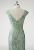 Load image into Gallery viewer, Green V-Neck Mermaid Appliques Sequins Cap Sleeves Prom Dress