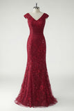 Green V-Neck Mermaid Appliques Sequins Cap Sleeves Prom Dress