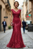 Dark Red Mermaid V-Neck Embroidered Mother Of The Bride Dress with Sequins