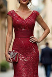 Dark Red Mermaid V-Neck Embroidered Mother Of The Bride Dress with Sequins