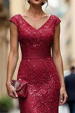 Dark Red Mermaid V-Neck Embroidered Mother Of The Bride Dress with Sequins