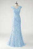 Green V-Neck Mermaid Appliques Sequins Cap Sleeves Prom Dress