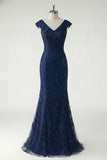 Green V-Neck Mermaid Appliques Sequins Cap Sleeves Prom Dress