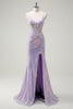 Load image into Gallery viewer, Sparkly Corset Lilac Mermaid Spaghetti Straps Prom Dress with Slit