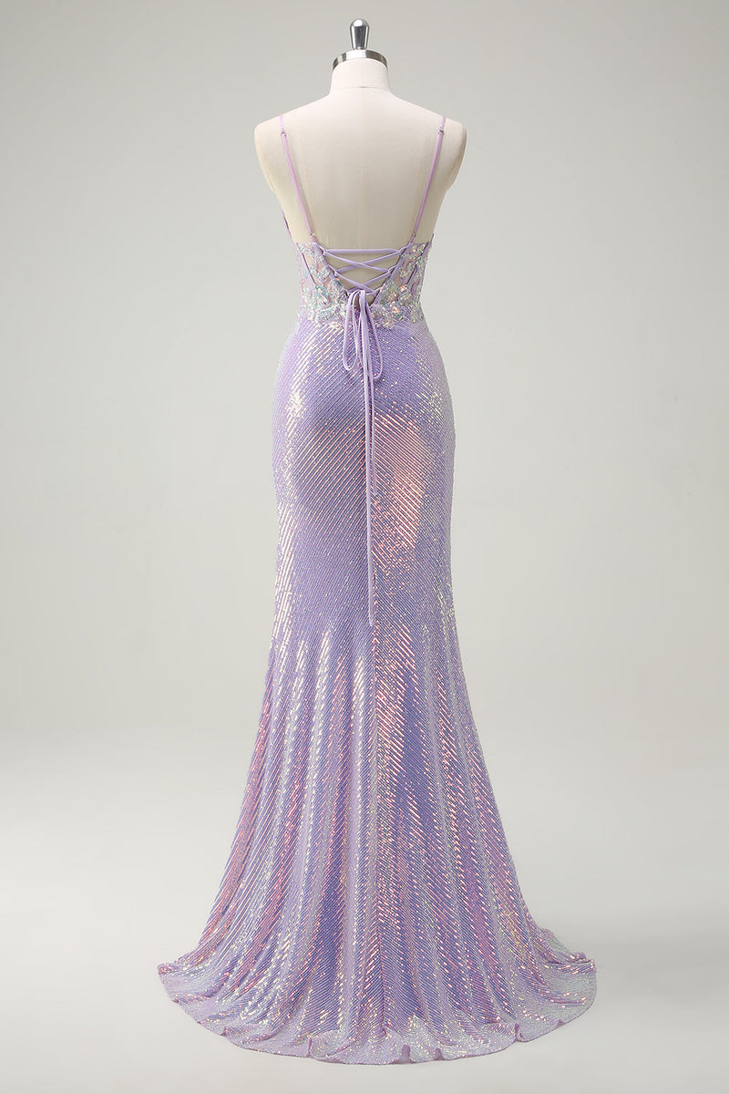 Load image into Gallery viewer, Sparkly Corset Lilac Mermaid Spaghetti Straps Prom Dress with Slit