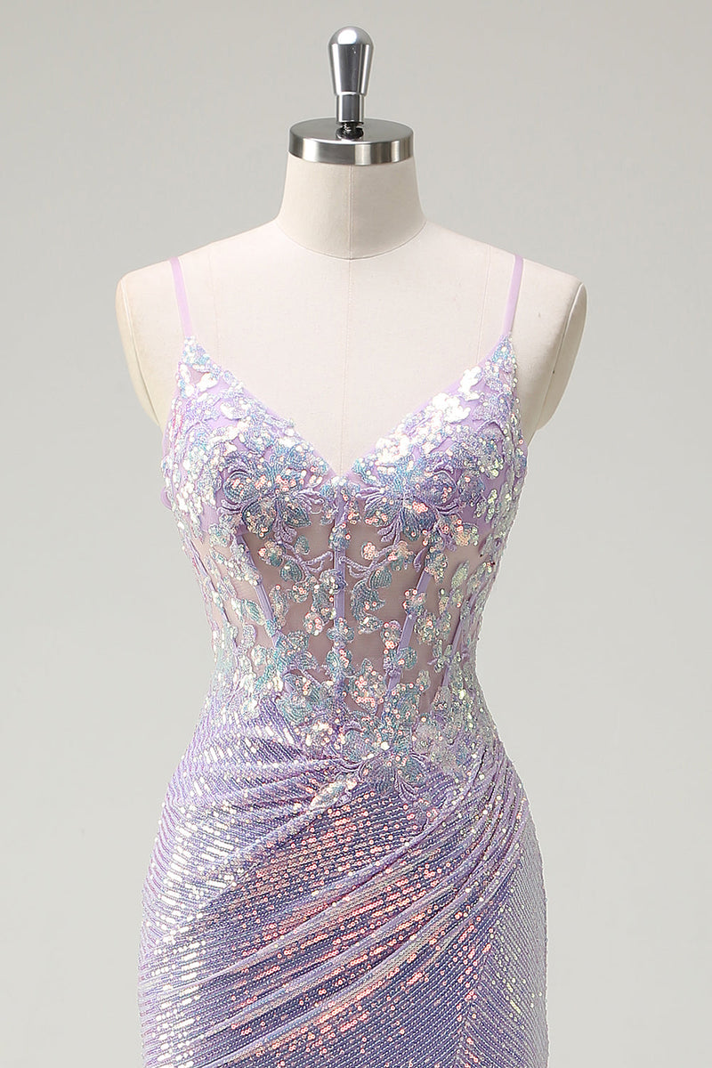 Load image into Gallery viewer, Sparkly Corset Lilac Mermaid Spaghetti Straps Prom Dress with Slit