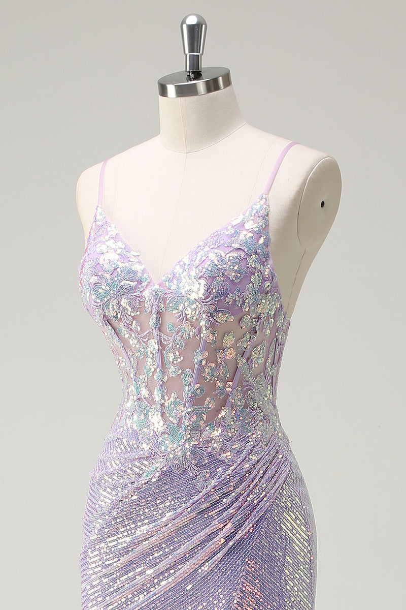 Load image into Gallery viewer, Sparkly Corset Lilac Mermaid Spaghetti Straps Prom Dress with Slit