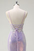 Load image into Gallery viewer, Sparkly Corset Lilac Mermaid Spaghetti Straps Prom Dress with Slit