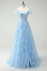 Load image into Gallery viewer, Sparkly Sky Blue Off The Shoulder A-Line Prom Dress with Slit