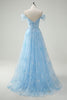 Load image into Gallery viewer, Sparkly Sky Blue Off The Shoulder A-Line Prom Dress with Slit