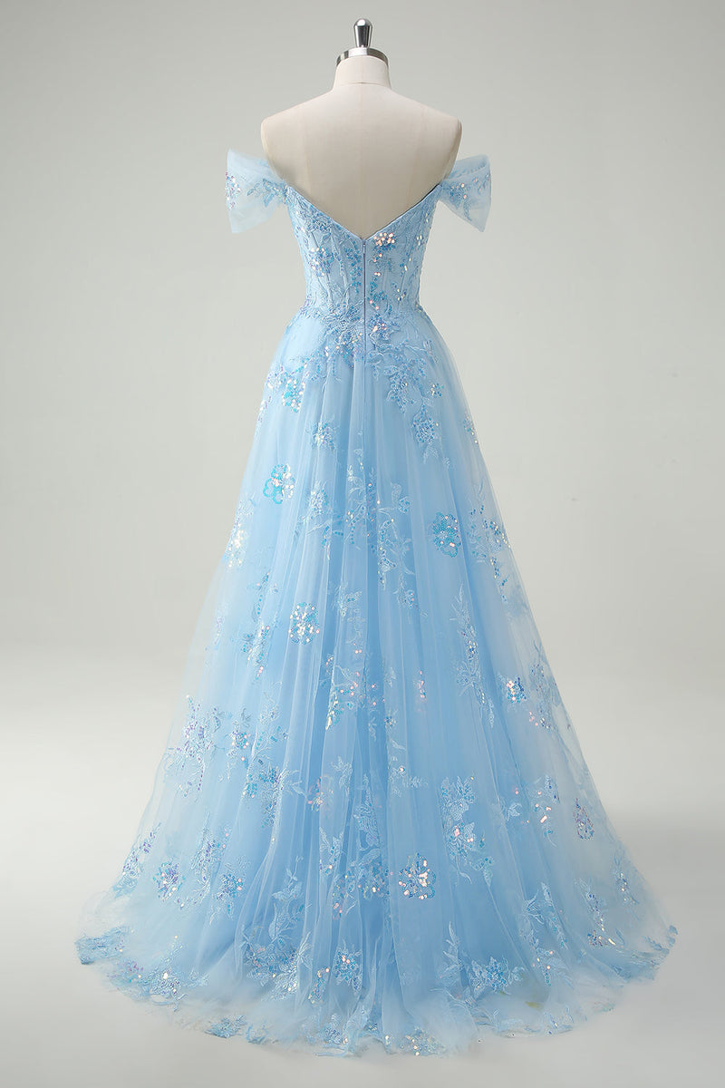 Load image into Gallery viewer, Sparkly Sky Blue Off The Shoulder A-Line Prom Dress with Slit