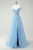 Load image into Gallery viewer, Sparkly Sky Blue Off The Shoulder A-Line Prom Dress with Slit