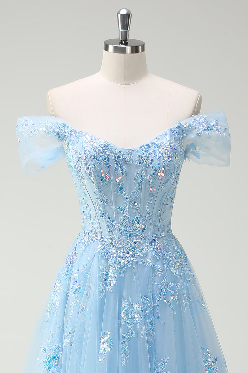 Load image into Gallery viewer, Sparkly Sky Blue Off The Shoulder A-Line Prom Dress with Slit